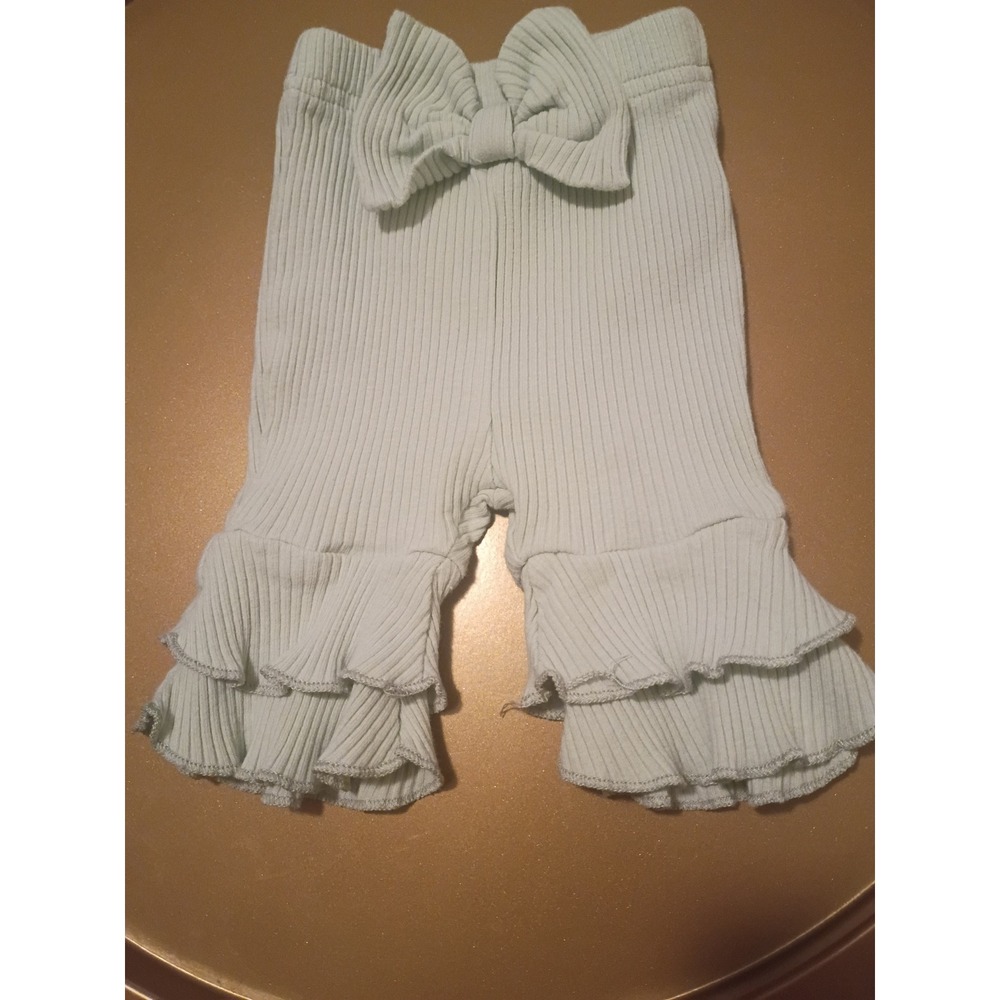 Mint Green Ribbed Knit Ruffle Bell Bottom Pants with Bow Preemie